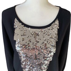 TRINA TURK Black Sequin 100% Merino Wool Long Sleeve Sweater Size Large